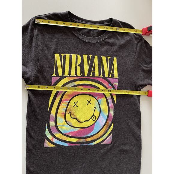 Nirvana Smiley Face 90’s Music Band Tie Dye Logo Graphic Tee Grey T-shirt, XS - Picture 4 of 8
